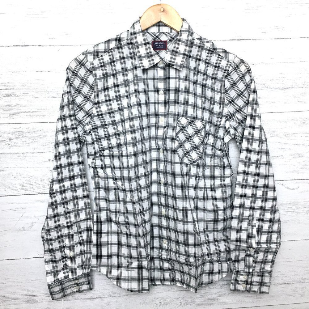 New UNTUCKit Women's Black & White Plaid Shirt Marina Button Up Long Sleeves 16